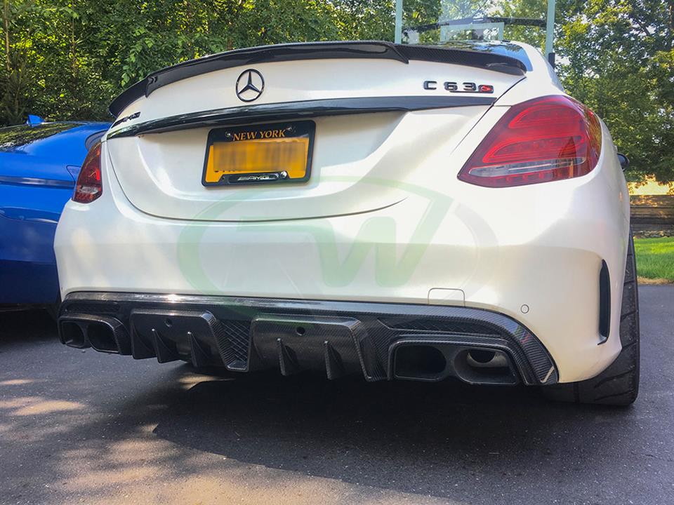 Upgraded aero parts for white Mercedes W205 including RW Carbon's BRS Style Diffuser in Carbon Fiber