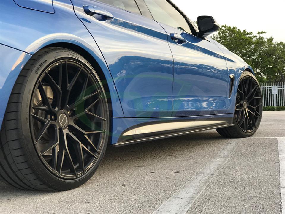 Blue BMW F32 435i with a set of RW Carbon Fiber Side Skirt Extensions