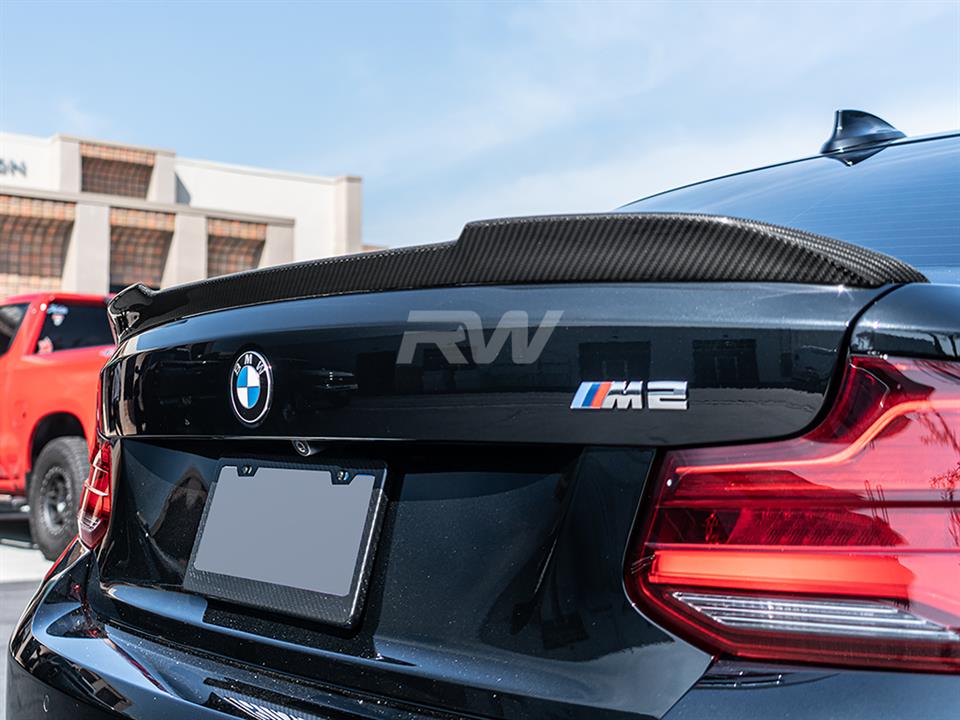 BMW F87 M2 mounts one of our CS Style Carbon Fiber Trunk Spoiler