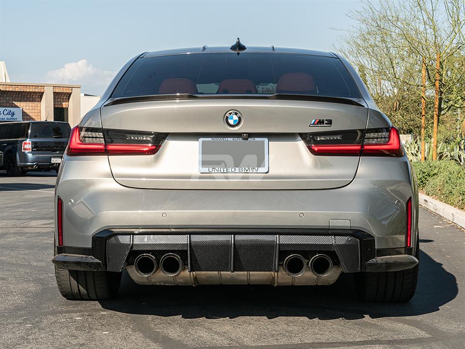 Silver BMW G80 M3 with type 2 carbon fiber rear diffuser