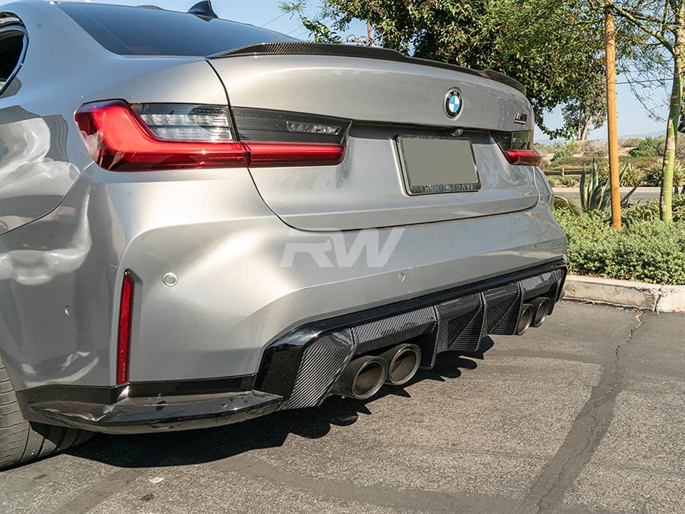Silver BMW G80 M3 with type 2 carbon fiber rear diffuser