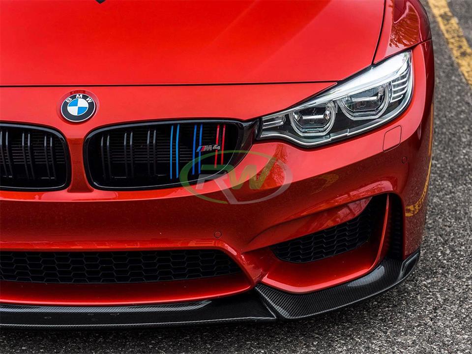 Hellrot red bmw f82 m4 coupe with rw carbon fiber varis style cf front lip spoiler