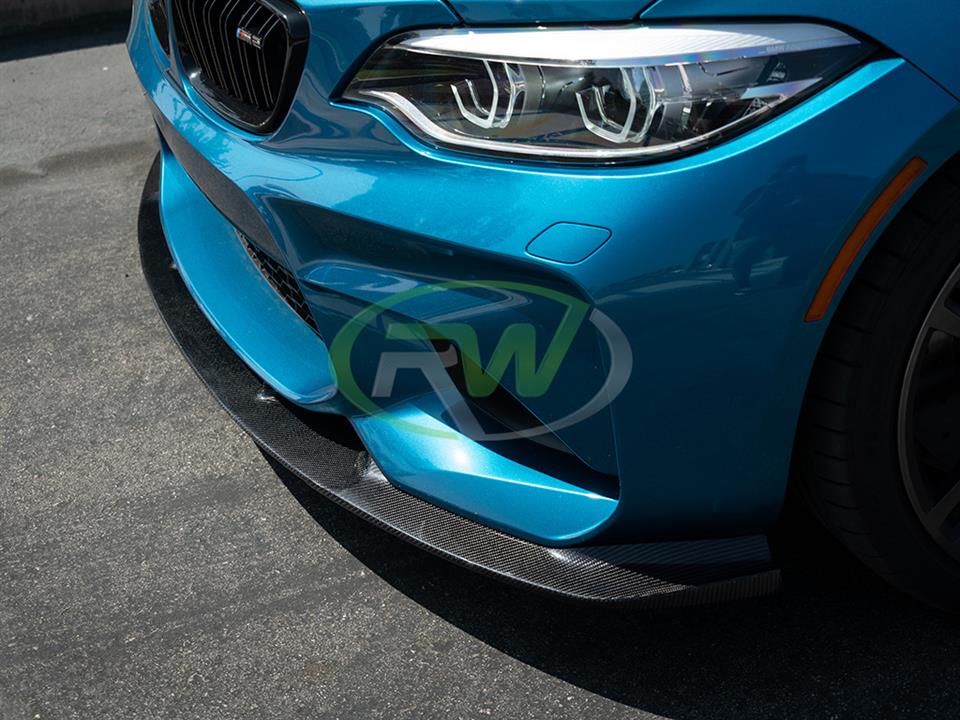 Blue BMW F87 M2 installs a new RW 3D Style CF Front Lip Spoiler