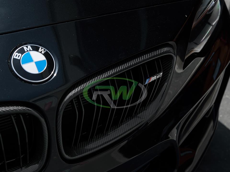 black bmw f87 m2 with rw carbon fiber cf front grill replacements 