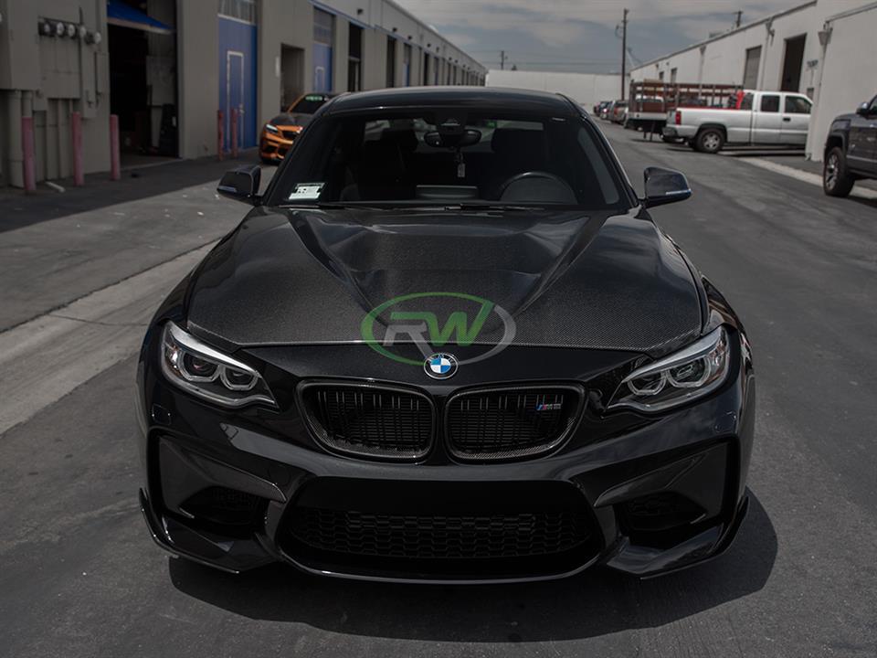 black bmw f87 m2 with rw carbon fiber gts style cf hood replacement