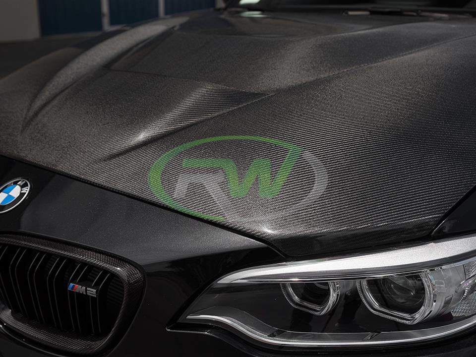 black bmw f87 m2 with rw carbon fiber gts style cf hood replacement