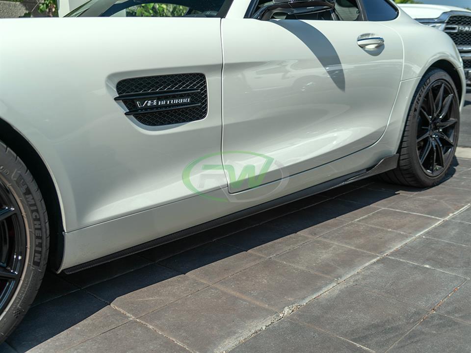 RW Carbon Aeo Upgrades for white V8 Mercedes C190 GT/GTS Side Skirt Extensions in Carbon Fiber