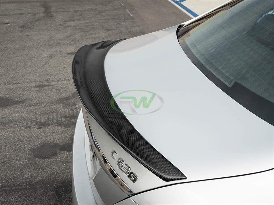W205 GTX carbon fiber trunk spoiler on white C63s AMG