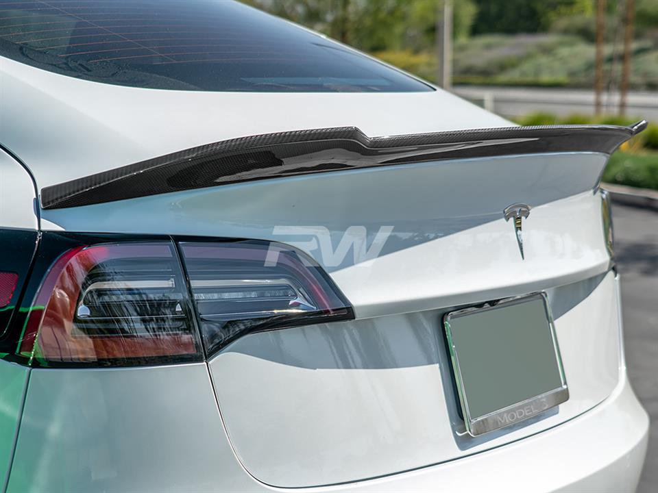 Tesla Model 3 equipped with a new RW Carbon Fiber DTM Trunk Spoiler