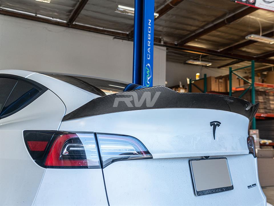 Tesla Model Y with DTM carbon fiber trunk spoiler from RW Carbon