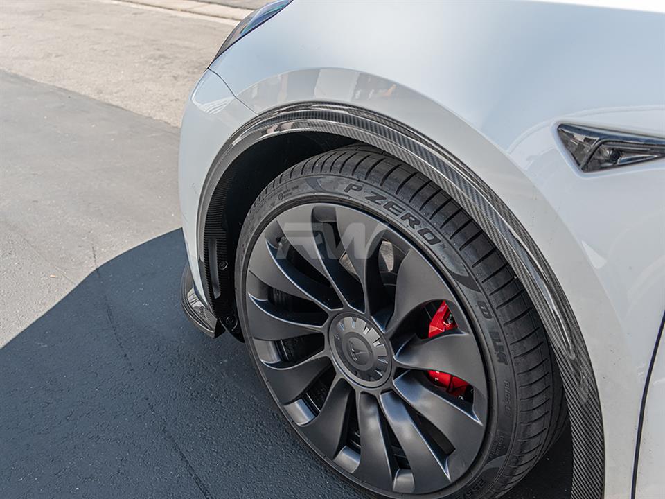 Tesla Model Y Full Carbon Fiber Wheel Arches on white Model Y